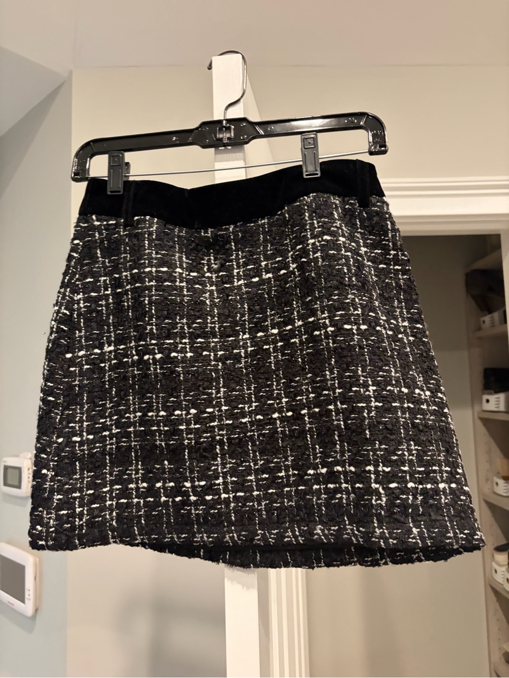 Wild Honey Black and White Tweed Mini Skirt with Velvet Waistband